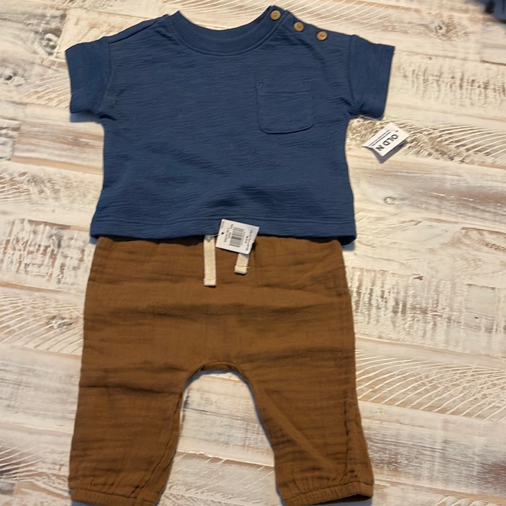 Old Navy boys shirt and pants, slate blue and camel